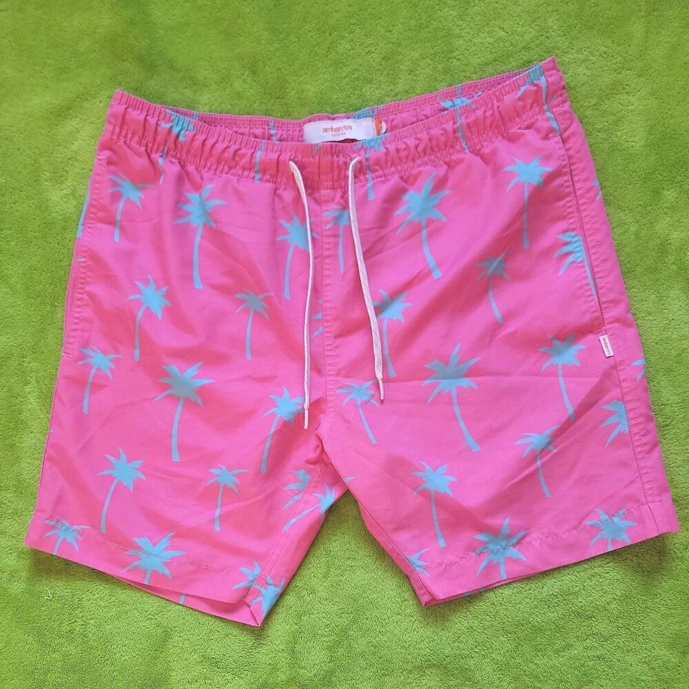 AMBSN California Men’s SZ S Board Shorts Surf Swim Turqoise Pink Palm Tree Print